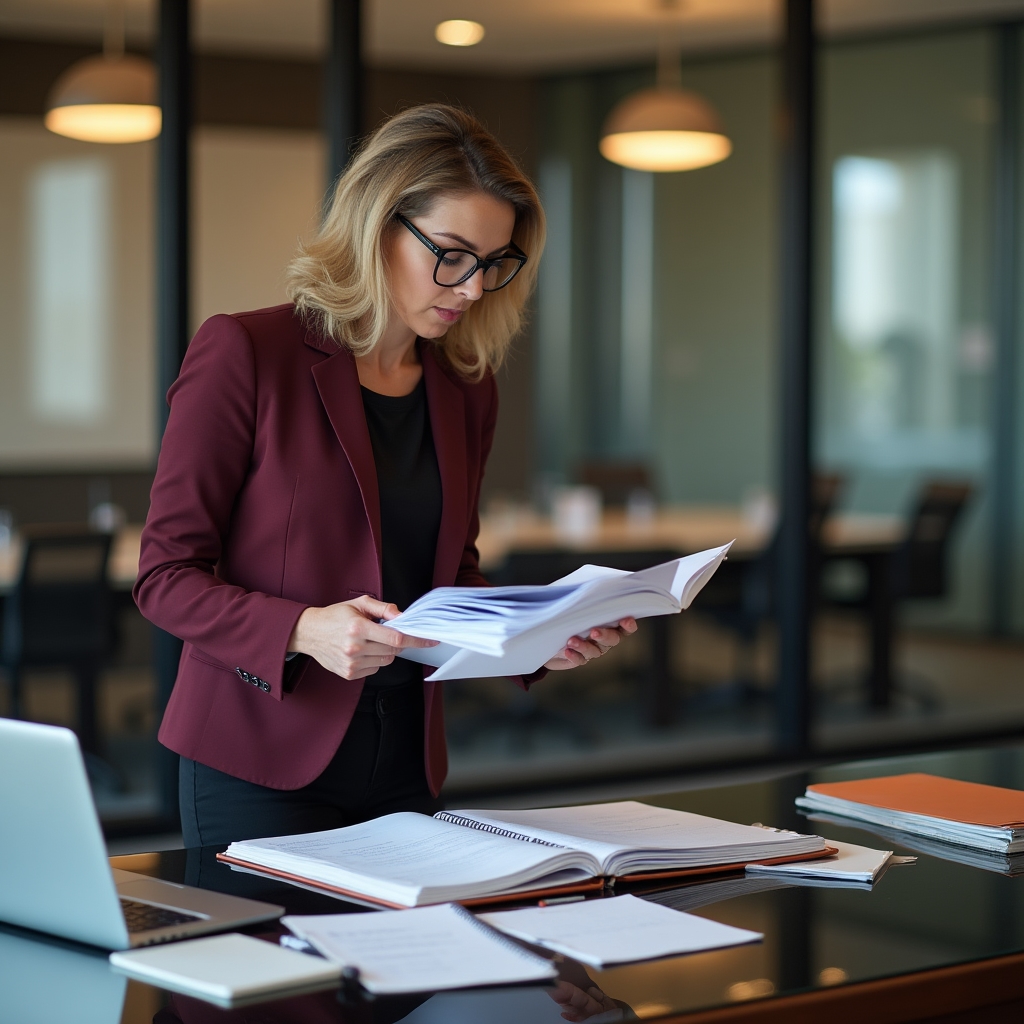 Professional preparing materials for a board meeting, reviewing documents in a well-lit executive office