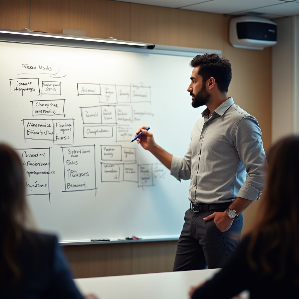 Consultant leading a whiteboard strategy session with engaged participants in a modern meeting room