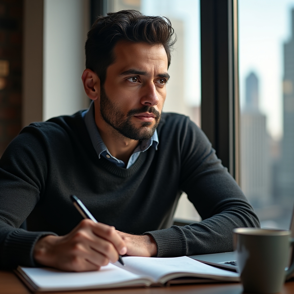 A mid-career professional in thoughtful reflection at a desk with city view, reviewing documents