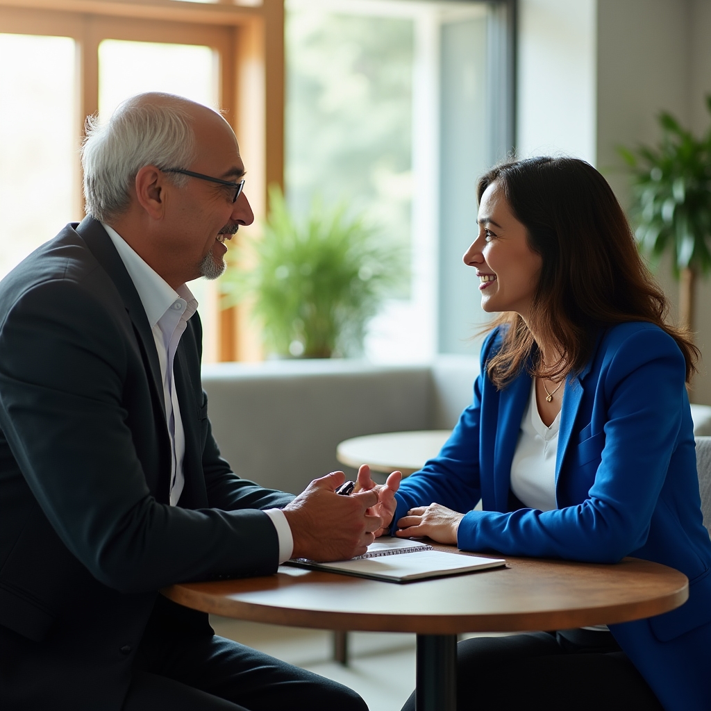 Experienced professional mentor engaged in conversation with a colleague in a bright modern office space