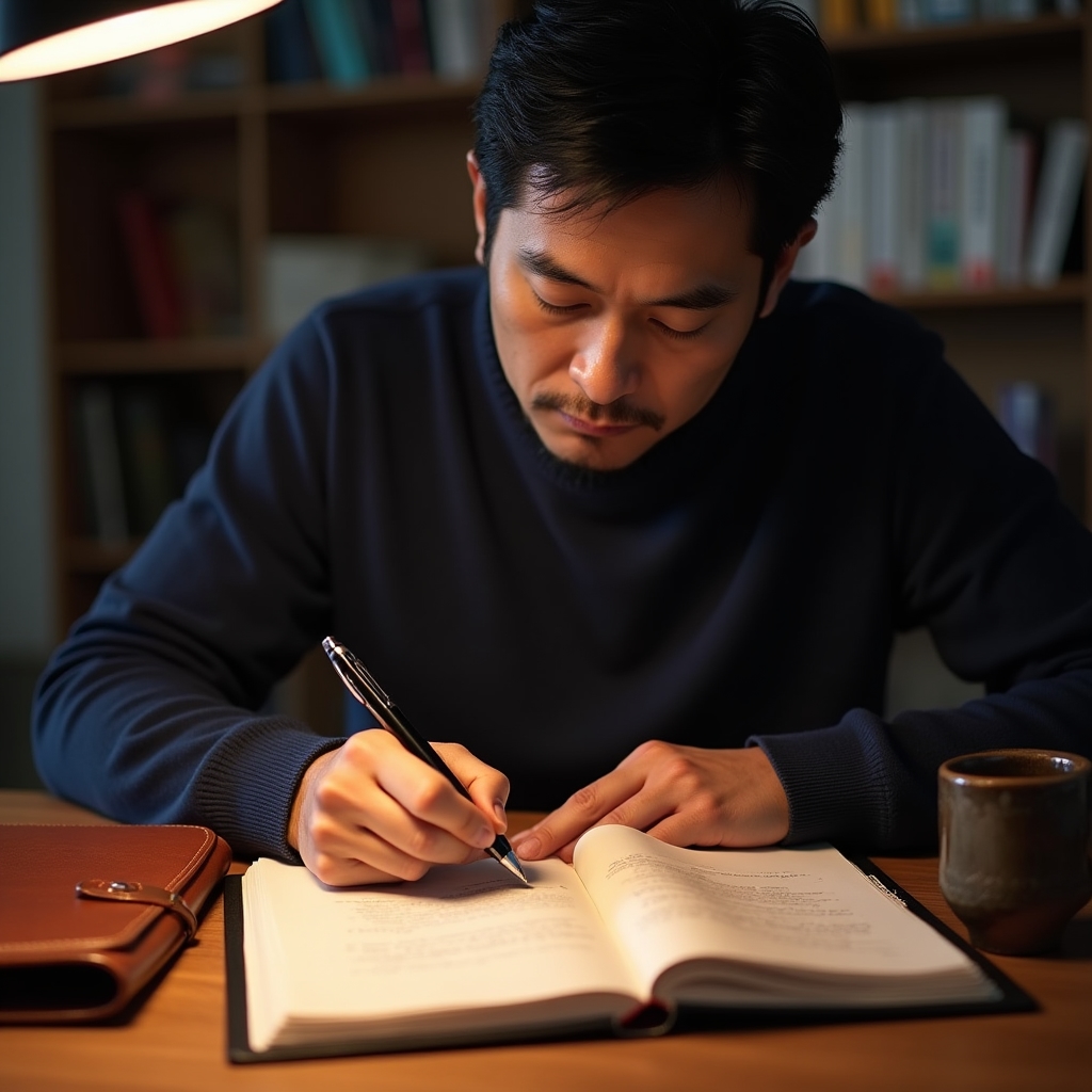 Professional reviewing handwritten preparation notes at a modern desk with warm lighting and organized workspace