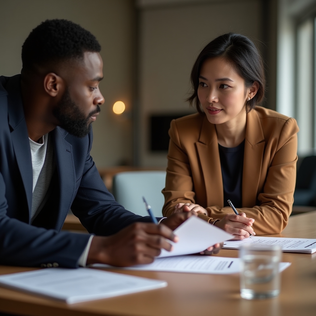 Two mid-career professionals in focused discussion over documents at a modern conference table