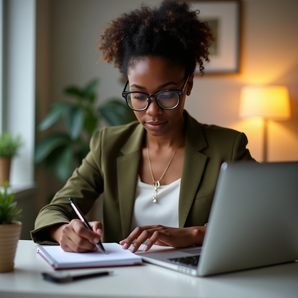 Professional participant engaged in a webinar session, taking notes at a clean modern workspace with laptop and notebook